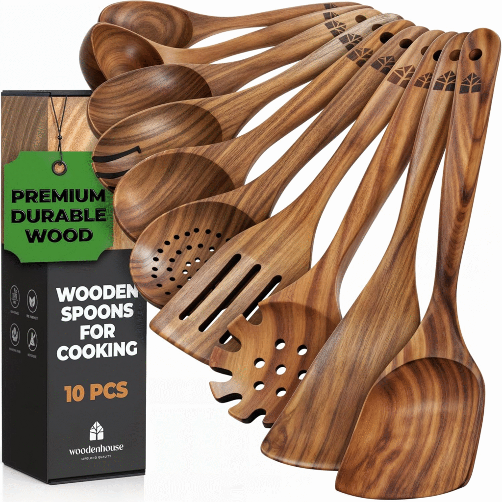 Best Wooden Cooking Utensils Set Review: 10-Piece Natural Teak Wood Spoons for Nonstick Cookware 1 image 109